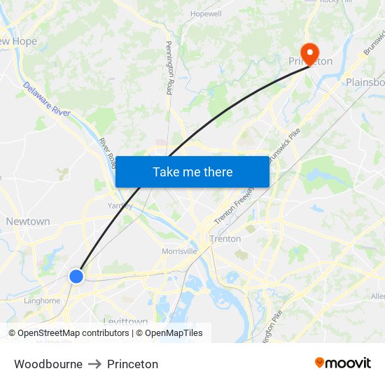 Woodbourne to Princeton map