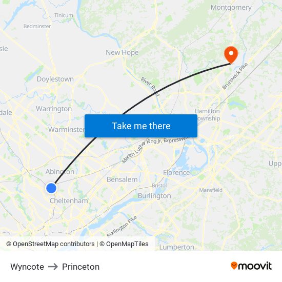 Wyncote to Princeton map