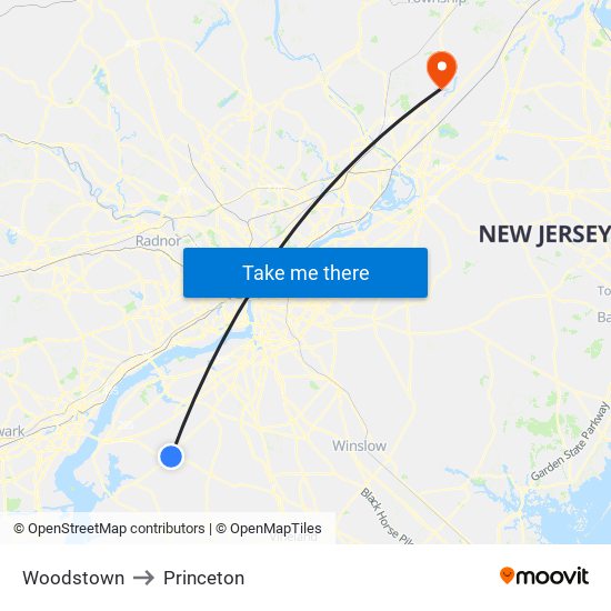 Woodstown to Princeton map