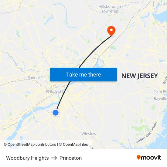 Woodbury Heights to Princeton map