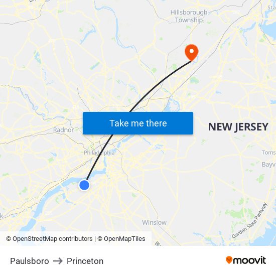Paulsboro to Princeton map