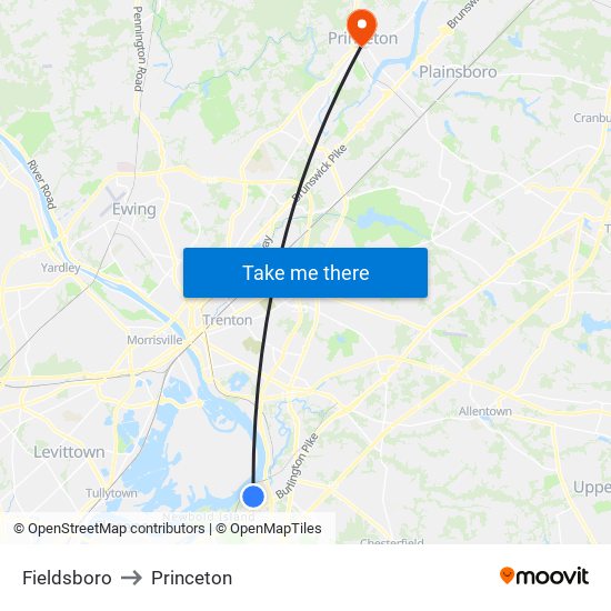 Fieldsboro to Princeton map