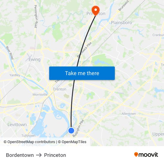 Bordentown to Princeton map