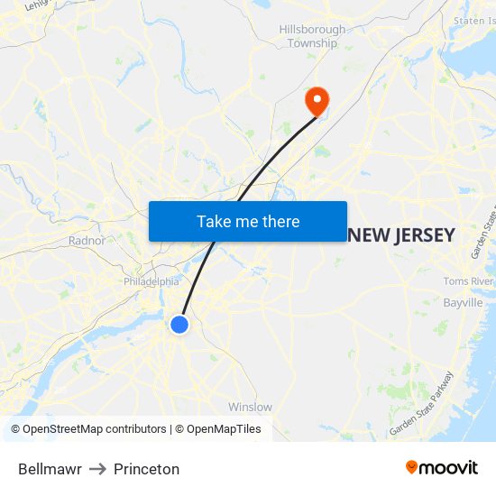 Bellmawr to Princeton map