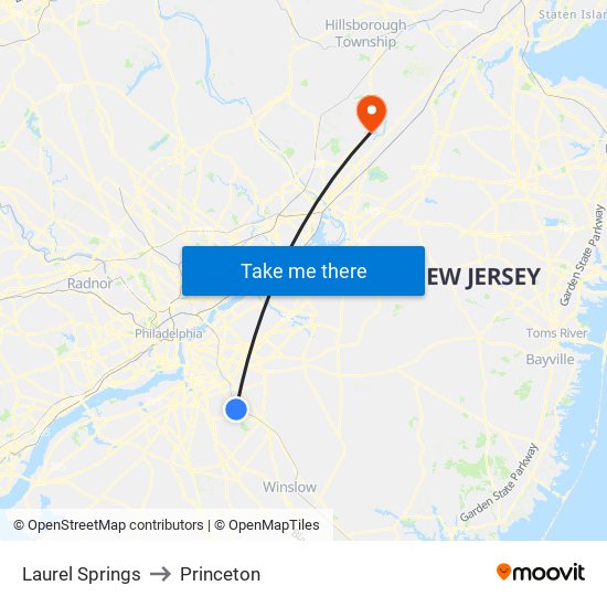 Laurel Springs to Princeton map