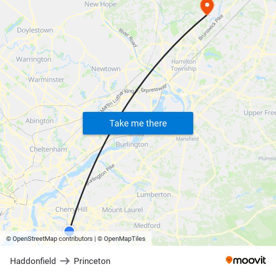 Haddonfield to Princeton map