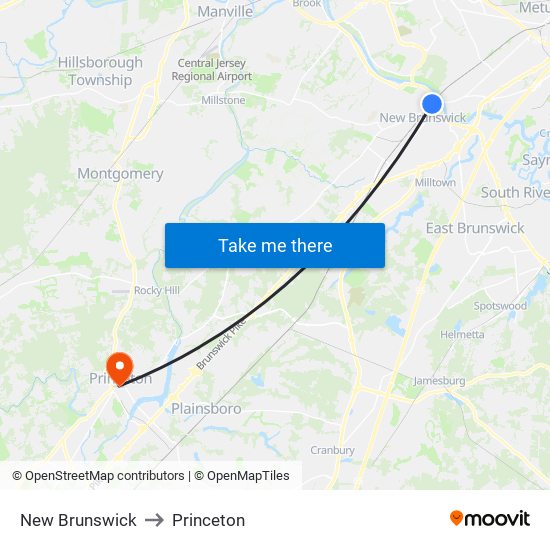 New Brunswick to Princeton map