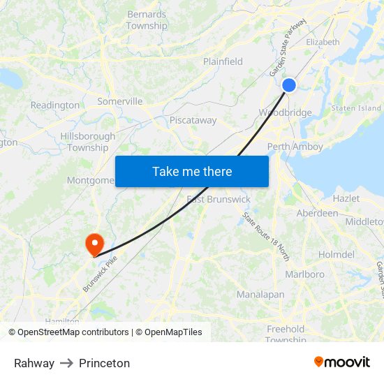 Rahway to Princeton map