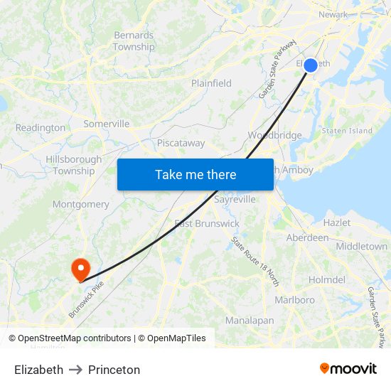 Elizabeth to Princeton map