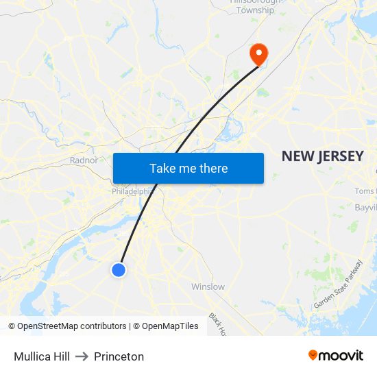 Mullica Hill to Princeton map