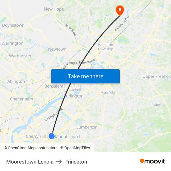 Moorestown-Lenola to Princeton map