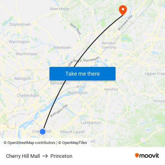 Cherry Hill Mall to Princeton map
