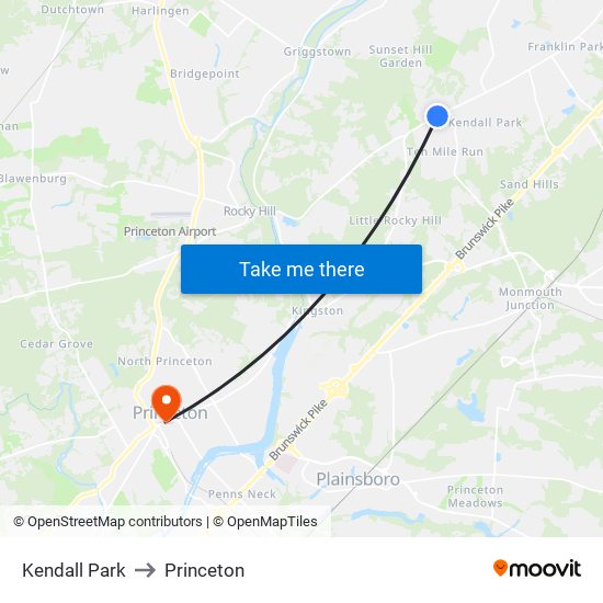 Kendall Park to Princeton map