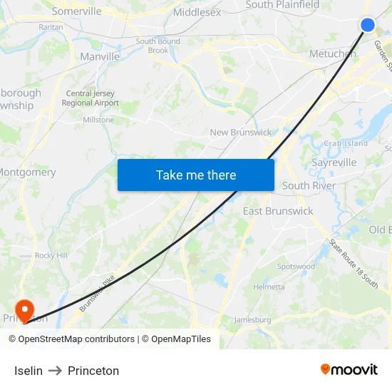 Iselin to Princeton map