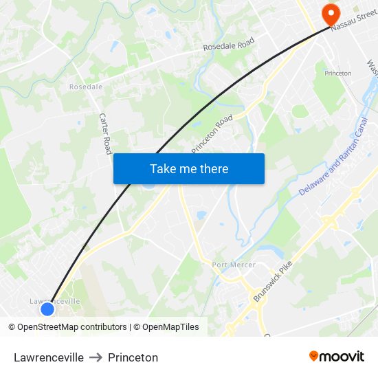 Lawrenceville to Princeton map
