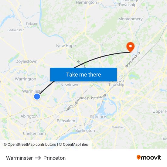 Warminster to Princeton map