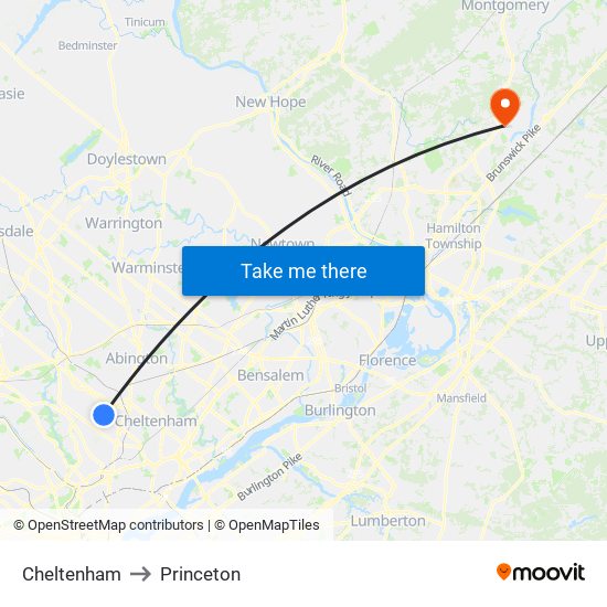 Cheltenham to Princeton map