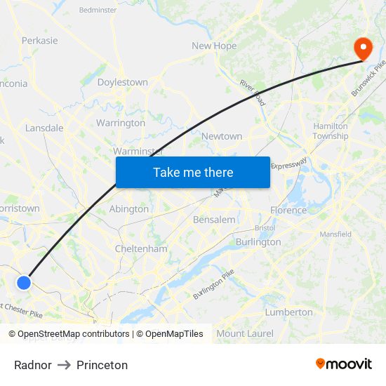 Radnor to Princeton map