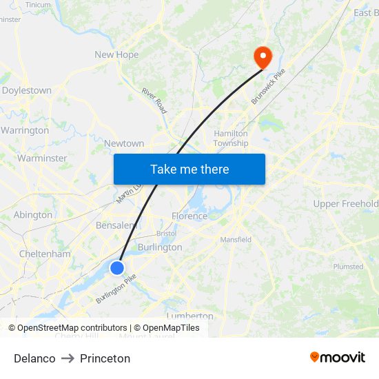 Delanco to Princeton map