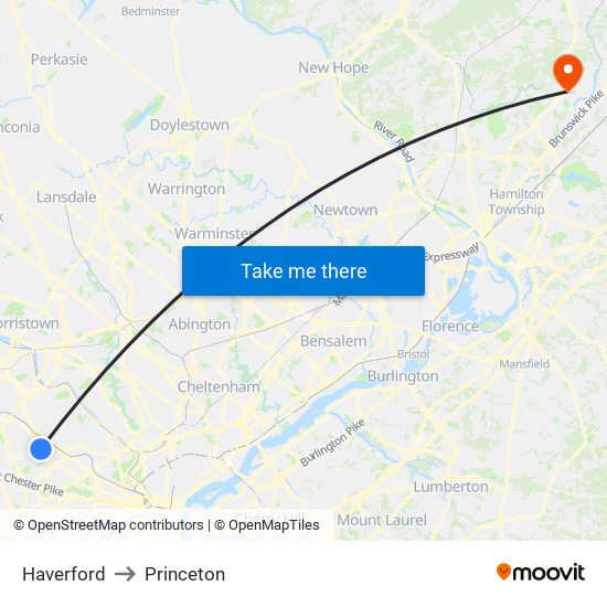 Haverford to Princeton map