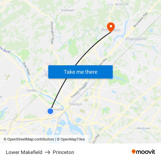 Lower Makefield to Princeton map