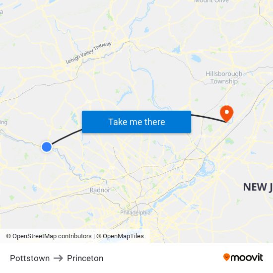 Pottstown to Princeton map
