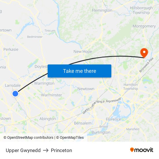 Upper Gwynedd to Princeton map