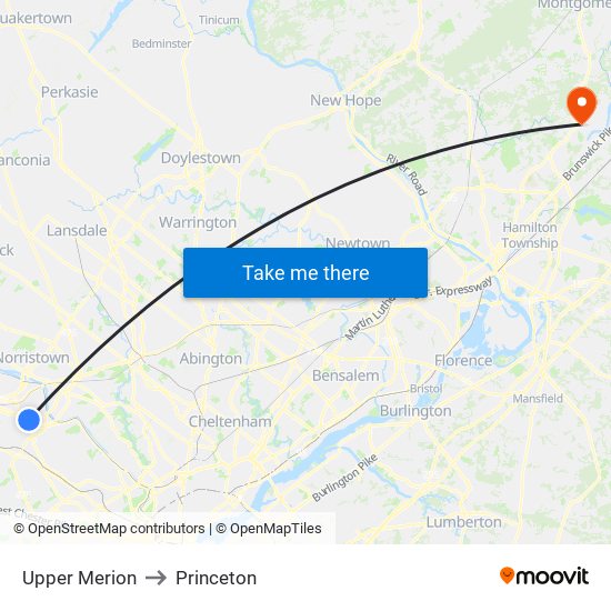 Upper Merion to Princeton map