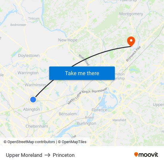 Upper Moreland to Princeton map