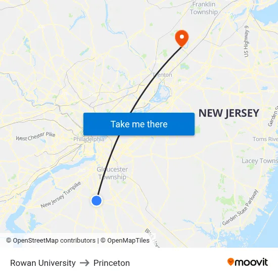 Rowan University to Princeton map