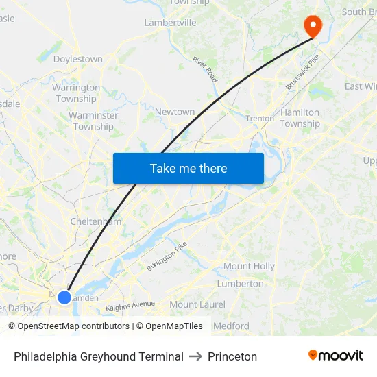 Philadelphia Greyhound Terminal to Princeton map