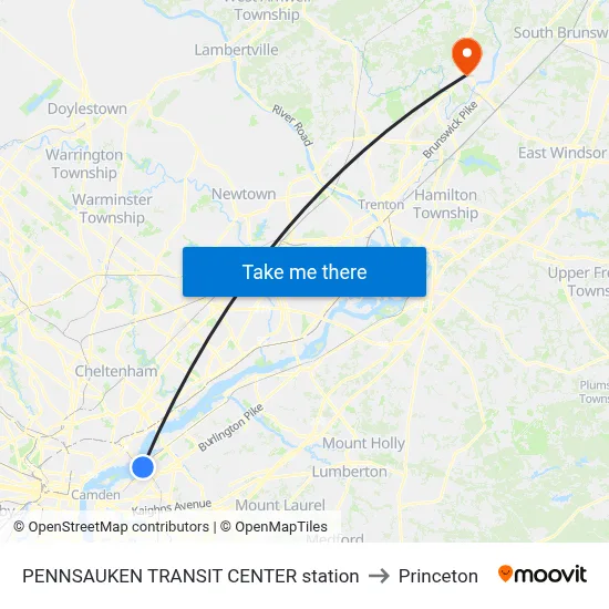 PENNSAUKEN TRANSIT CENTER station to Princeton map