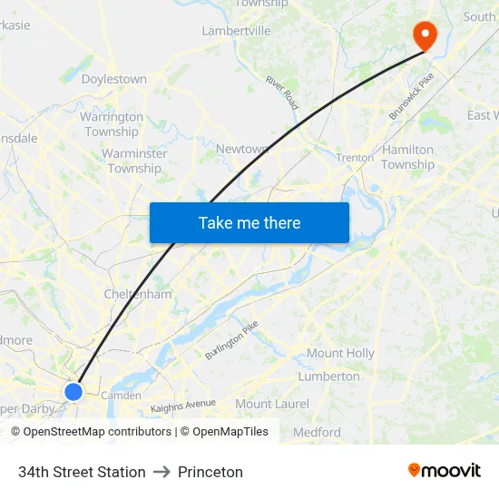 34th Street Station to Princeton map