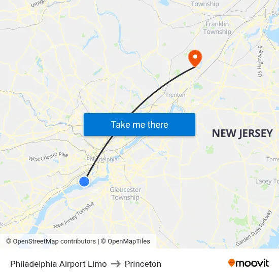 Philadelphia Airport Limo to Princeton map