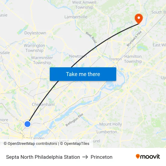 Septa North Philadelphia Station to Princeton map