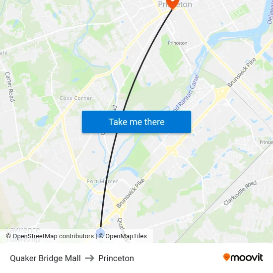 Quaker Bridge Mall to Princeton map