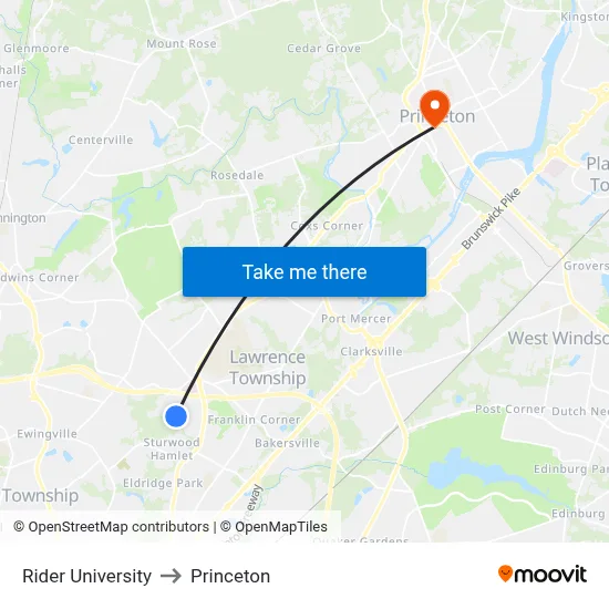 Rider University to Princeton map