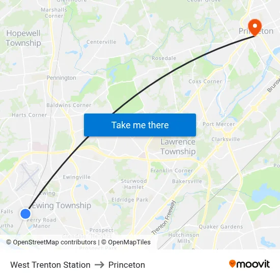 West Trenton Station to Princeton map