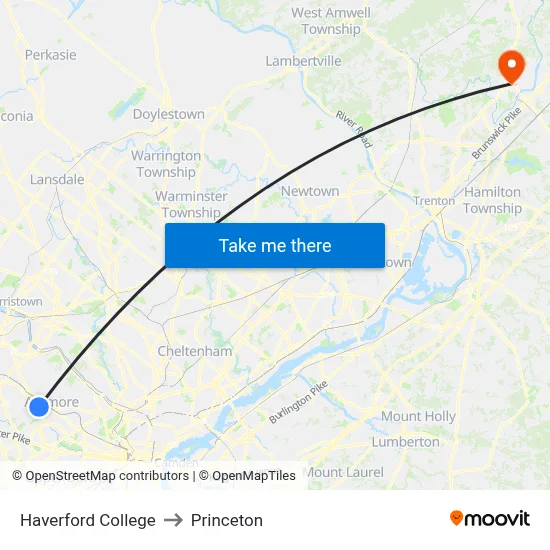 Haverford College to Princeton map