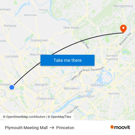 Plymouth Meeting Mall to Princeton map
