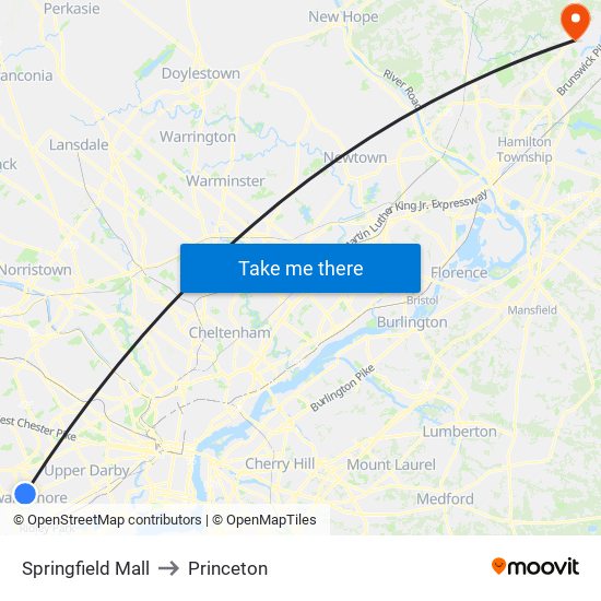 Springfield Mall to Princeton map