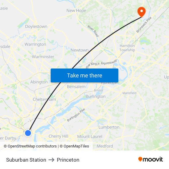 Suburban Station to Princeton map