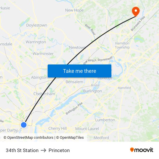 34th St Station to Princeton map