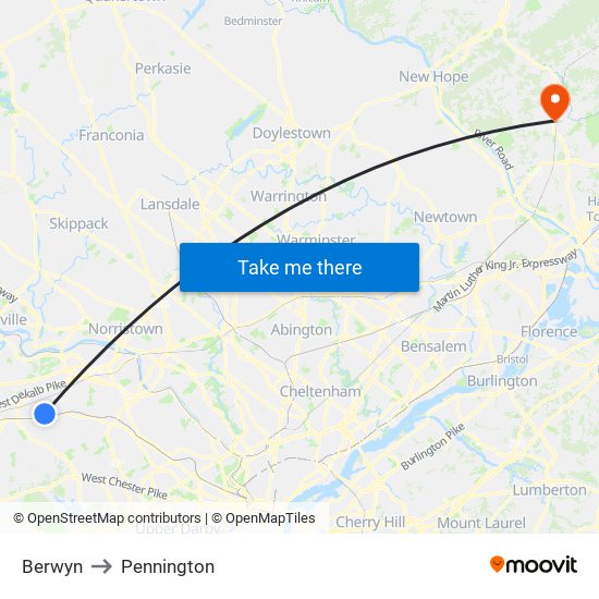Berwyn to Pennington map