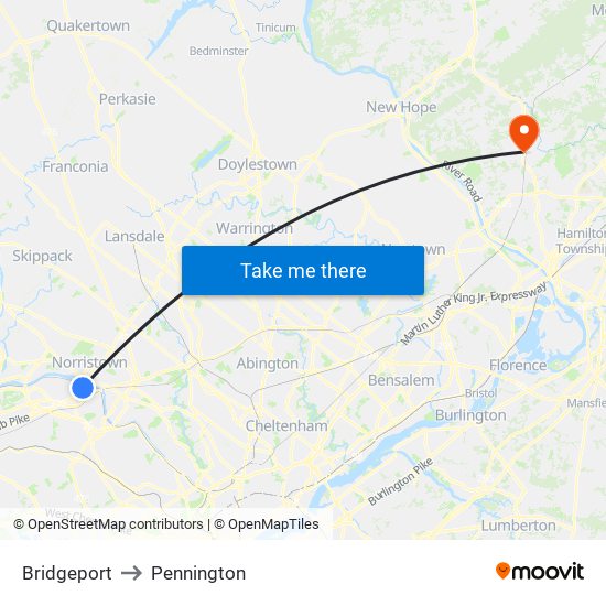 Bridgeport to Pennington map