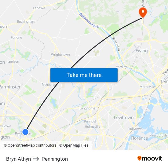 Bryn Athyn to Pennington map