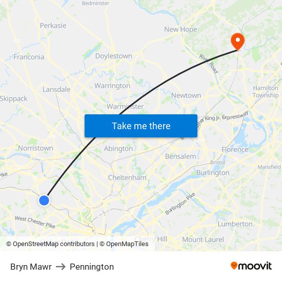 Bryn Mawr to Pennington map