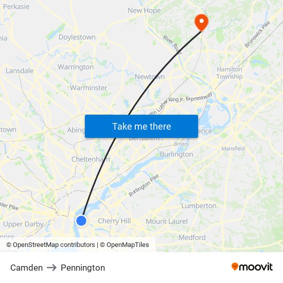 Camden to Pennington map