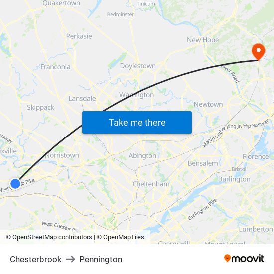 Chesterbrook to Pennington map