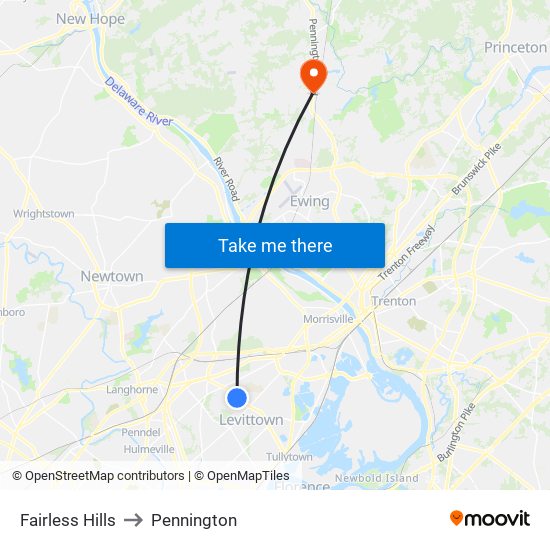 Fairless Hills to Pennington map